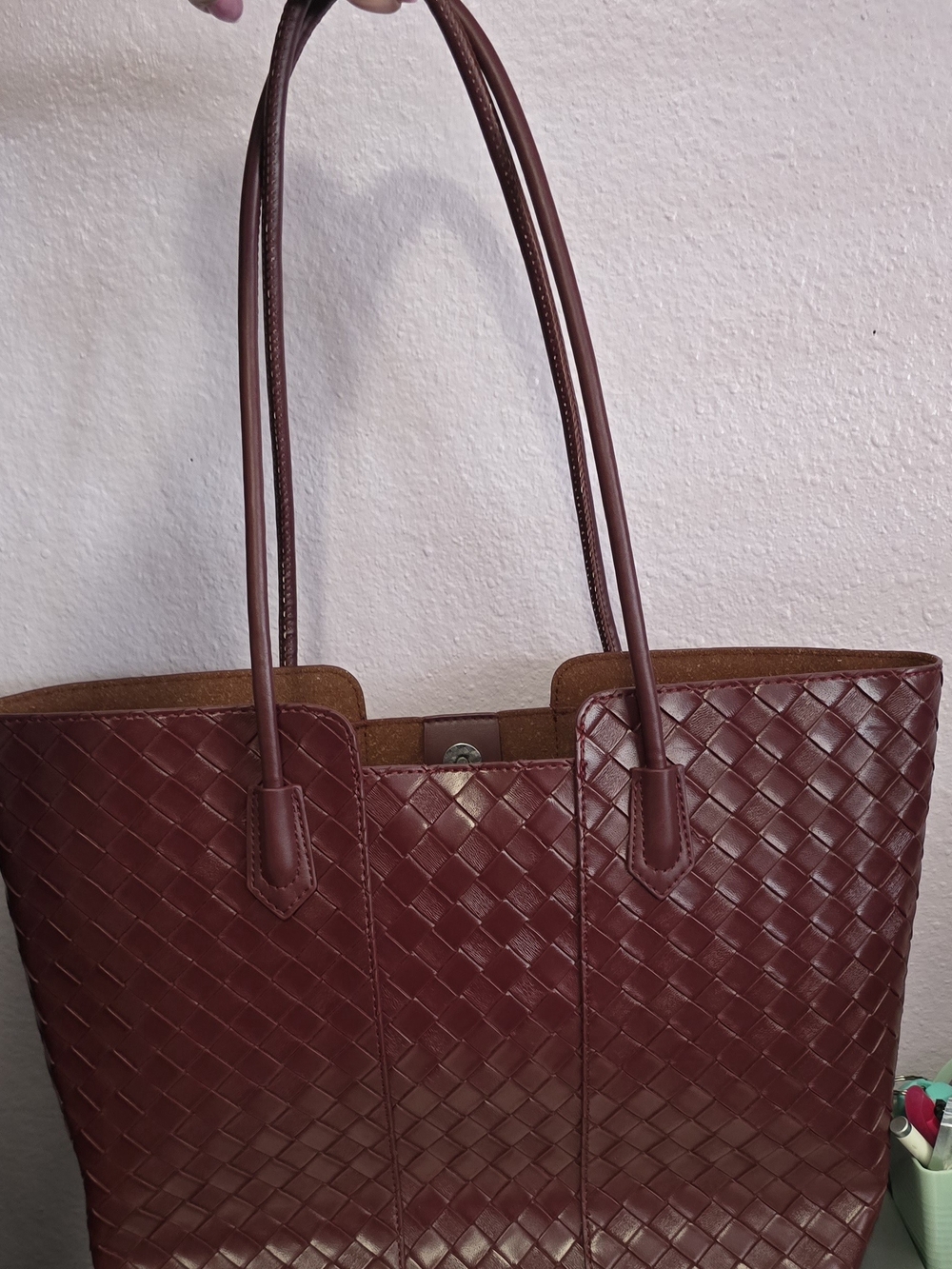 Woven Leather Tote Bag - Burgundy - Picture 2 of 6